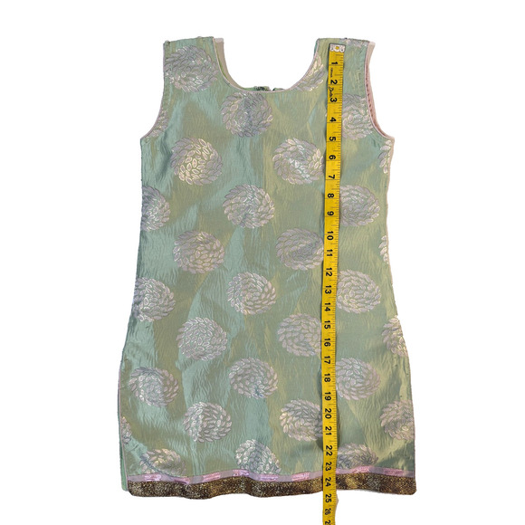 Traditional Brocade Dress Girls 32 Green Gold Floral Sleeveless Ethnic Partywear - Picture 4 of 7